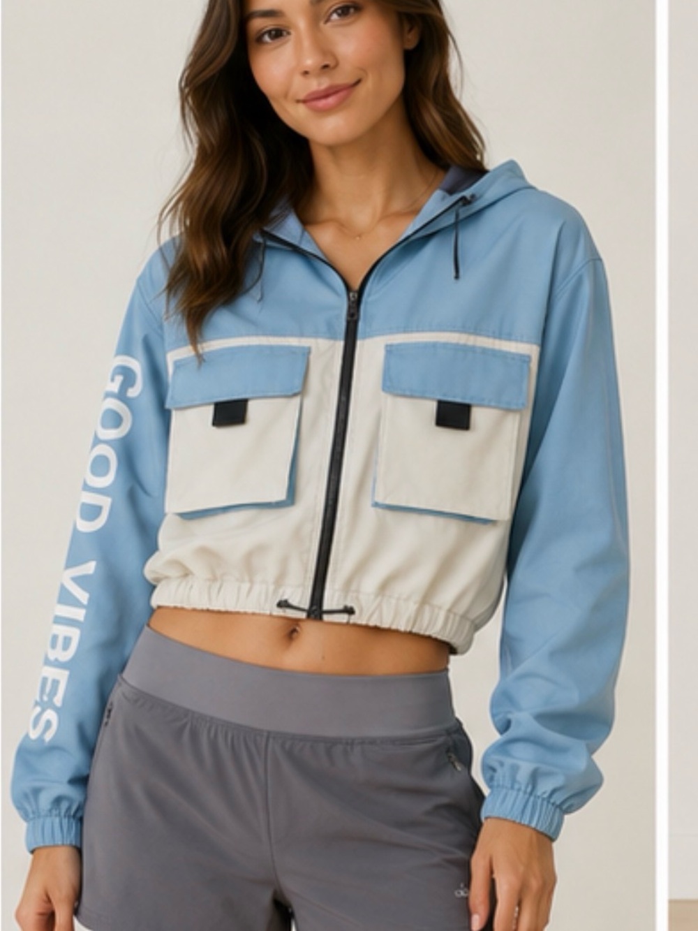 American Bazi Blue & Cream Cropped Hooded Utility Jacket
